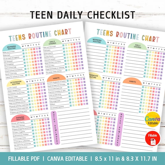 Editable Teen Daily Checklist, Teen Routine Chart, Teen Chore Chart, Teen Responsibility Chart, Teens Chore List, Canva, Fillable PDF