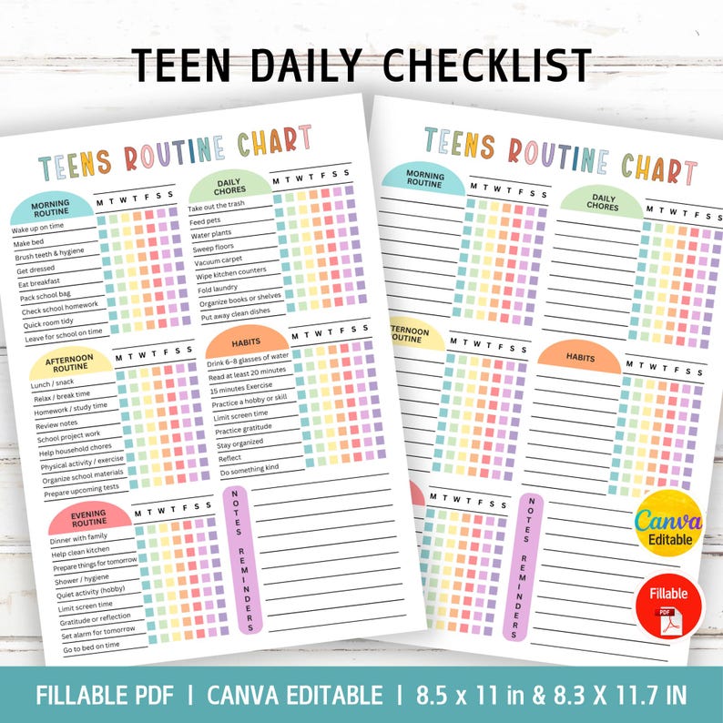 Editable Teen Daily Checklist, Teen Routine Chart, Teen Chore Chart
