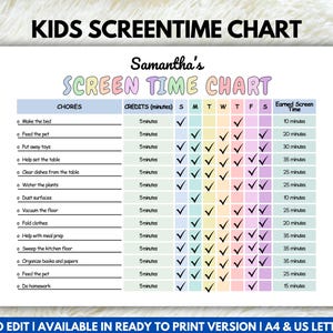 Editable Screentime Chart for Kids, Kids Screentime Tracker, Kids ...