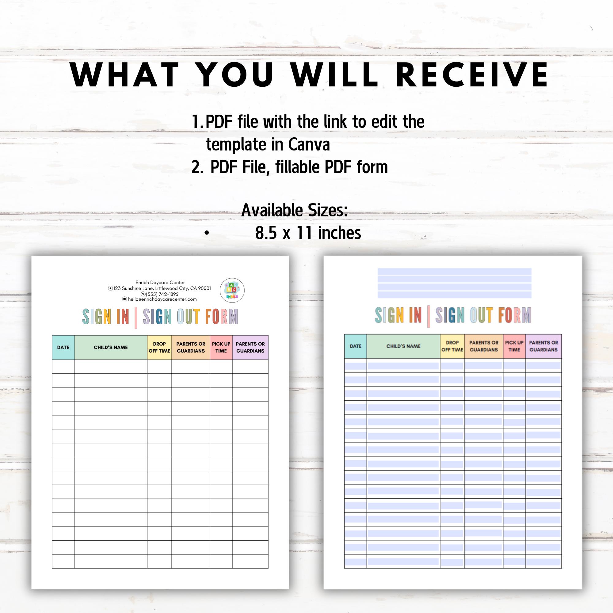 Editable Daycare Sign in and Out Form, Daycare Daily Log Sheets, Daily ...