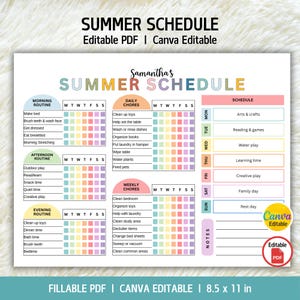 May include: A colorful summer schedule template with the text "SUMMER SCHEDULE" at the top. The schedule includes sections for morning, afternoon, and evening routines, daily and weekly chores, and a schedule for each day of the week. The template is 8.5 x 11 inches.