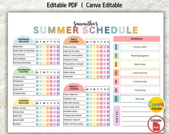 Horario de verano editable para niños, planificador de verano para la educación en casa, rutina diaria y semanal de verano, planificador de verano 2026, plantilla de Canva, PDF