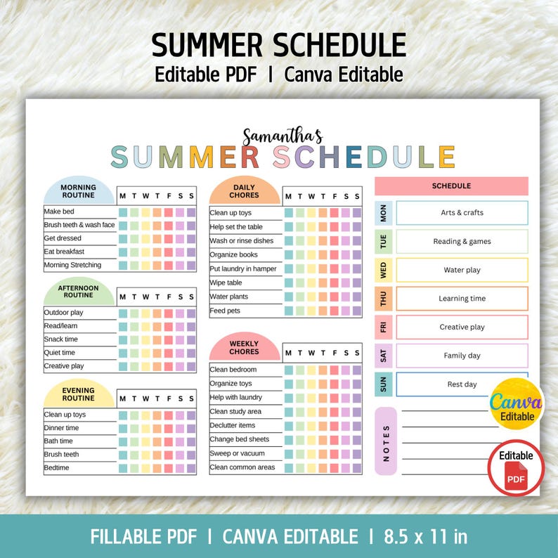 May include: A colorful summer schedule template with the text "SUMMER SCHEDULE" at the top. The schedule includes sections for morning, afternoon, and evening routines, daily and weekly chores, and a schedule for each day of the week. The template is 8.5 x 11 inches.