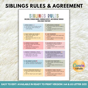 May include: A colourful printable poster titled "Siblings Rules & Agreement". The poster lists 12 rules for siblings, such as speaking kindly, sharing, listening, and respecting each other. The poster is easy to edit and available in A4 and US letter sizes.