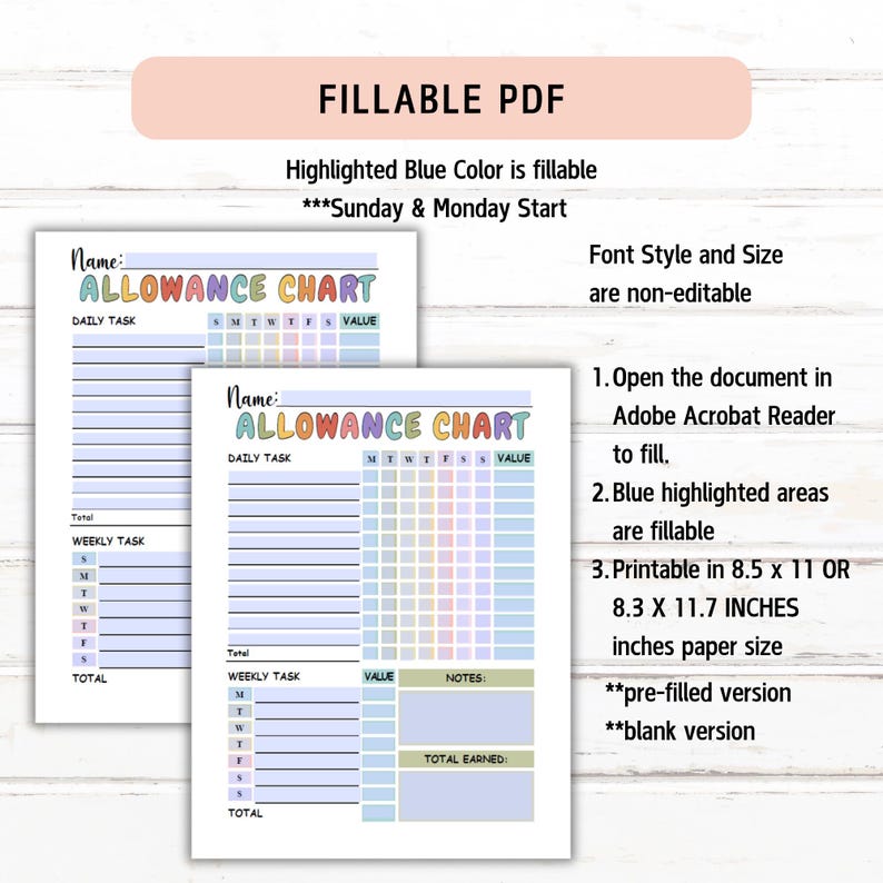 Top Lettering Allowance Editable Kids Allowance Chart, Allowance Tracker, Kids Chore Checklist ...