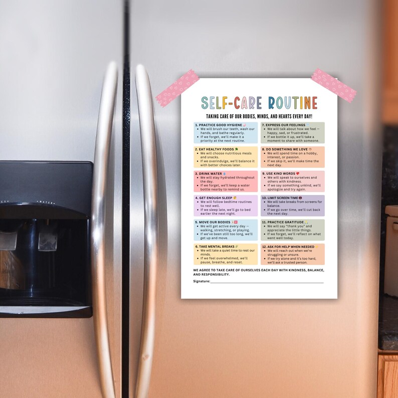 May include: A self-care routine checklist titled "SELF-CARE ROUTINE" is attached to a refrigerator with pink tape. The checklist includes 12 steps for daily well-being, such as practicing good hygiene, eating healthy foods, and expressing feelings.