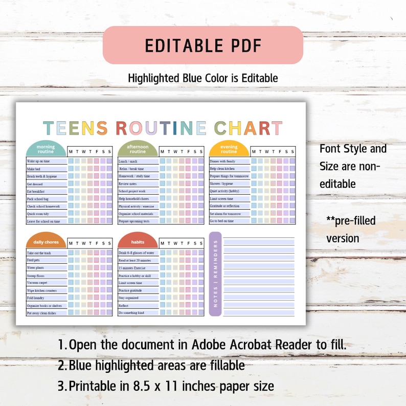 Editable Teens Routine Chart, Teens Chore Chart, Daily Checklist for ...