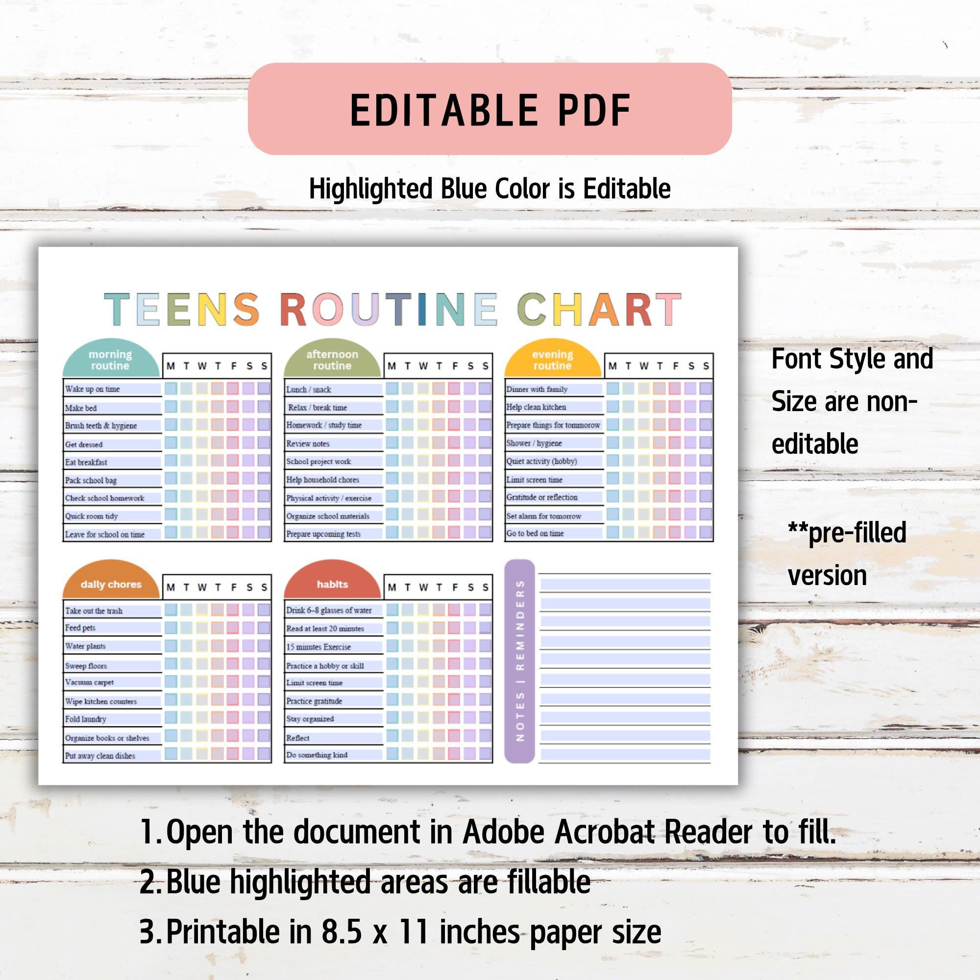 Editable Teens Routine Chart, Teens Chore Chart, Daily Checklist for ...