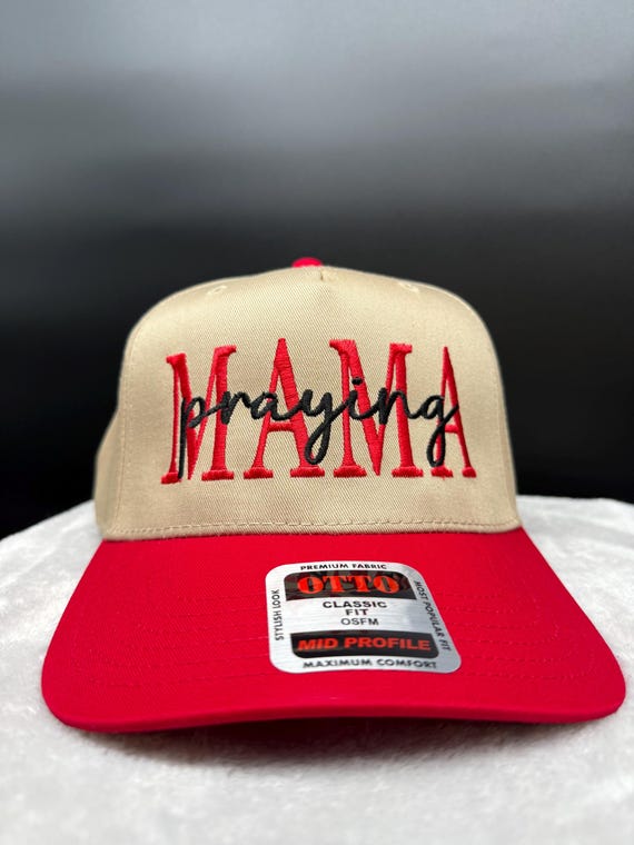 Praying Mama Hat Faith Embroidered Trucker Hat Red Tan