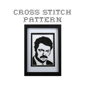 May include: Black and white cross stitch pattern of a man with a moustache. The pattern is framed in a black frame with a white mount.
