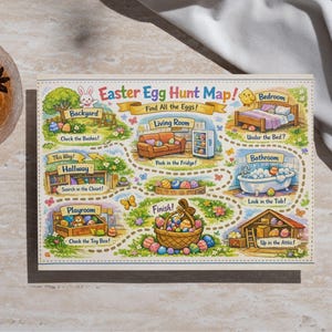 May include: A colorful Easter Egg Hunt Map with illustrations of various rooms and outdoor areas. The map includes text such as "Backyard", "Living Room", and "Bedroom", guiding the egg hunt. A glass of amber liquid with a star anise garnish is in the upper left corner.