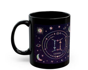 Gemini Gift, Gemini Mug, Zodiac Mug, Birthday Gift, Astrology Gifts, Ceramic Mug, Zodiac Cup, Black Mug 11oz