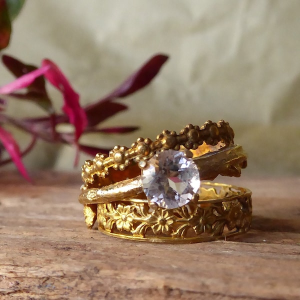 Gold Plated Stack Rings White Topaz Floral Sterling Silver Ring Gemstone Ring Botanical Jewelry