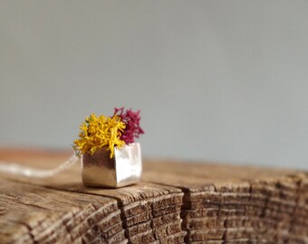 Red Moss Planter Fall Cube Necklace Sterling Silver Pendant Botanical Jewelry Novelty Pendant