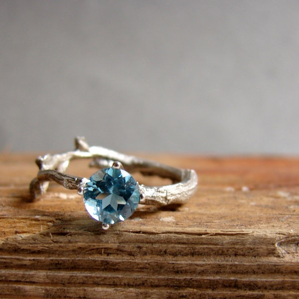 Bright Blue Topaz Twig Ring, Alternative Engagement, Sterling Silver Botanical Jewelry, December Birthstone