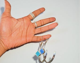 Orecchini a cerchio in argento sterling massiccio e vetro a forma di mezzaluna, orecchini a cerchio per tutti i giorni, gioielli unici