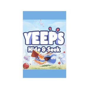 May include: A blue and white game box with the title "YEEPS Hide & Seek". The box features cartoon characters and a colorful design. The background is a blue sky with clouds and grass.