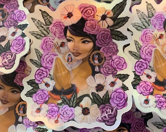 Hologramm Vinyl Sticker von Frau, die Hände im Gebet hält mit Tauben in Hoop Ohrringe