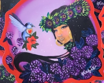 Hawaiianische Hula Tänzerin mit Hibiskusblüten und blauem Vogel