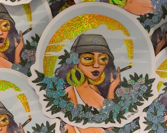 California 420 freundliche Frau mit einem goldenen Regenbogen Glitzer Sticker