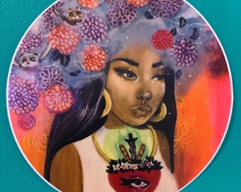 Island Asiatin mit heiligem Herz und Blumen runder Vinyl-Aufkleber mit Cartoon-Charakteren