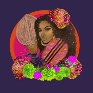 May include: A vibrant illustration of a woman with dark hair, adorned with a large floral headpiece and surrounded by flowers. She holds a woven fan and wears a patterned shawl. A blue snake wraps around her arm, set against a purple background.