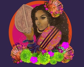 Pinay Frau trägt Terno Ärmel mit Fächer und Blumen Vinyl Sticker