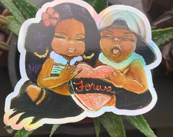 Hula Chula and Hawaiian Boy with Heart Shaped Spam Musubi Holographic Sticker