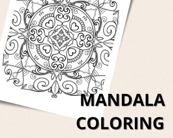 Könnte beinhalten: Eine Schwarz-Weiß-Mandala-Malvorlage mit komplizierten Designs und dem Text "MANDALA COLORING" unten.