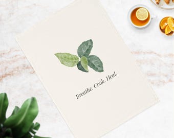 Breathe Cook Heal Organic Tea Towel Eco-Friendly Wellness Kitchen Decor Mindful Cooking Gift, Self-Care Home Accent
