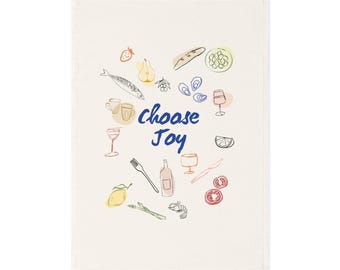 Choose Joy Organic Cotton Tea Towel Positive Kitchen Decor with Food Art Eco-Friendly Gift for Wellness, Farmhouse, and Boho Homes
