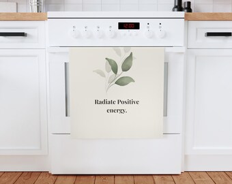 Radiate Positive Energy Organic Cotton Tea Towel Uplifting Green Leaf Design  Eco-Friendly Kitchen Decor & Gift for Wellness Lovers