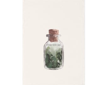 Infused with calm herbal bottle cork organic cotton tea towel wellness kitchen decor spiritual home gift calming herbal tea decor