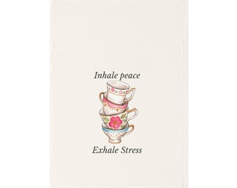 Inhale Peace Organic Tea Towel Mindfulness Home Decor, Eco Friendly, Sustainable Kitchen Towel, Yoga Gift, Calm Living Accent