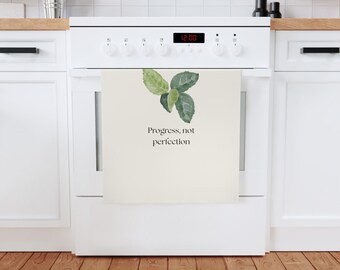 Progress Not Perfection Organic Cotton Tea Towel EcoFriendly Inspirational Kitchen Towel Wellness Gift, Mindful Living Quote