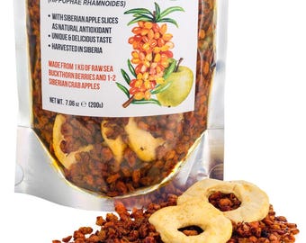 Organic Sea Buckthorn Dried Berries with Apple Slices – Wild-Harvested Superfood, Antioxidant-Rich, Vegan, Gluten-Free, 200g 7.06oz