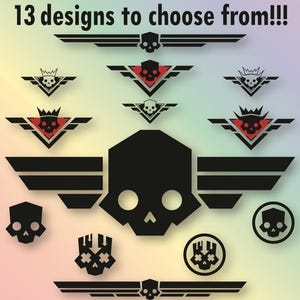 May include: A variety of black skull and wing designs are displayed on a gradient background. The text reads "13 designs to choose from!!!" and "Black is the color shown by default, but you have over 130 colors to choose from!!"