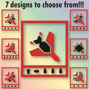 May include: Image showcasing seven decal designs in red and black, each within a red frame. The text reads "7 designs to choose from!!!" and "Black & Red are the colors shown by default, but you have over 130 colors to choose from!!"
