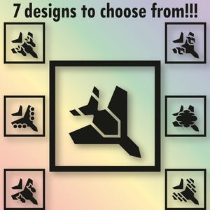 May include: An image showcasing seven black decal designs, each within a black square frame, against a gradient background. Text reads "7 designs to choose from!!!" and "Black is the color shown by default, but you have over 130 colors to choose from!!"