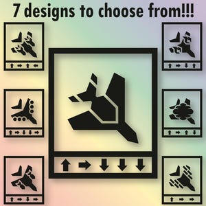 May include: An image showcasing seven decal designs in black, each within a black square frame. The text reads "7 designs to choose from!!!" and "Black is the color shown by default, but you have over 130 colors to choose from!!"