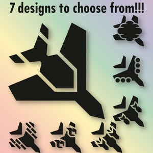 May include: Image featuring seven black decal designs in various geometric shapes. Text reads "7 designs to choose from!!!" and "Black is the color shown by default, but you have over 130 colors to choose from!!"