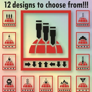 May include: A promotional image for Danielle's Sweet Decals, showcasing 12 design options. Each design is a red and black graphic within a red frame, with arrows and other symbols. Text includes "12 designs to choose from!!!" and color options.