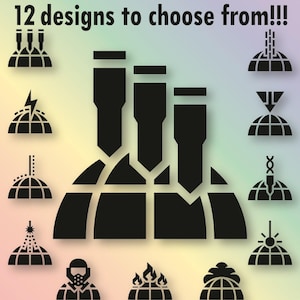 May include: A promotional image for decals, featuring 12 black designs against a gradient background. Text includes "12 designs to choose from!!!" and information about color options. The decals are for windows.