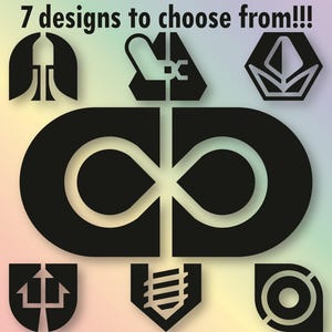May include: Black decals with seven different designs are displayed against a gradient background. The text reads "7 designs to choose from!!!" and "Black is the color shown by default, but you have over 130 colors to choose from!!"
