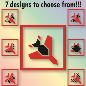 May include: Image featuring seven decal designs in red and black, each within a red square frame. The text reads "7 designs to choose from!!!" and "Black & Red are the colors shown by default, but you have over 130 colors to choose from!!"