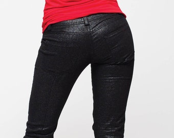 Black glitter pants goth pants skull studded ankle zip skinny jeans | cyberpunk clothing low rise jeans