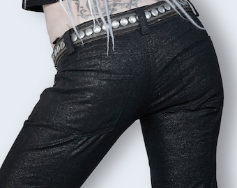 Black glitter pants goth pants skull studded ankle zip skinny jeans | cyberpunk clothing low rise jeans