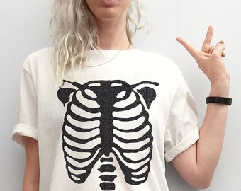 Handmade Black Glitter anatomy print skeleton tshirt rib cage print skeleton t shirt | Unisex cyberpunk clothing pastel goth clothing