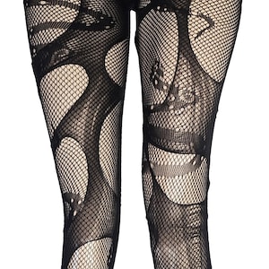 May include: Black fishnet tights featuring a distressed, laddered design with large, irregular cutouts throughout the legs. The hosiery has a fine mesh pattern interspersed with wider, torn sections that create a layered, textured appearance.