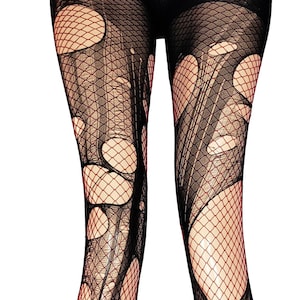 Collants résille rouge foncé et noir | bas résille collants punk collants nu goth collants sorcière | Collants double épaisseur déchirés et déchirés |